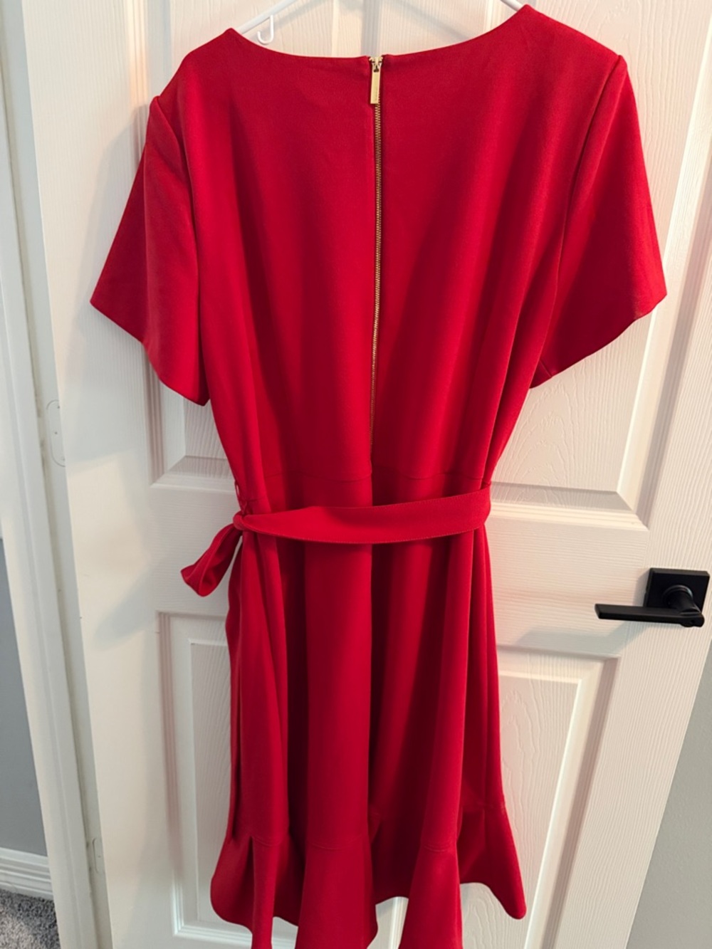 Calvin Klein Red Tie-Waist Midi Dress with Ruffle Detail - Picture 3 of 3